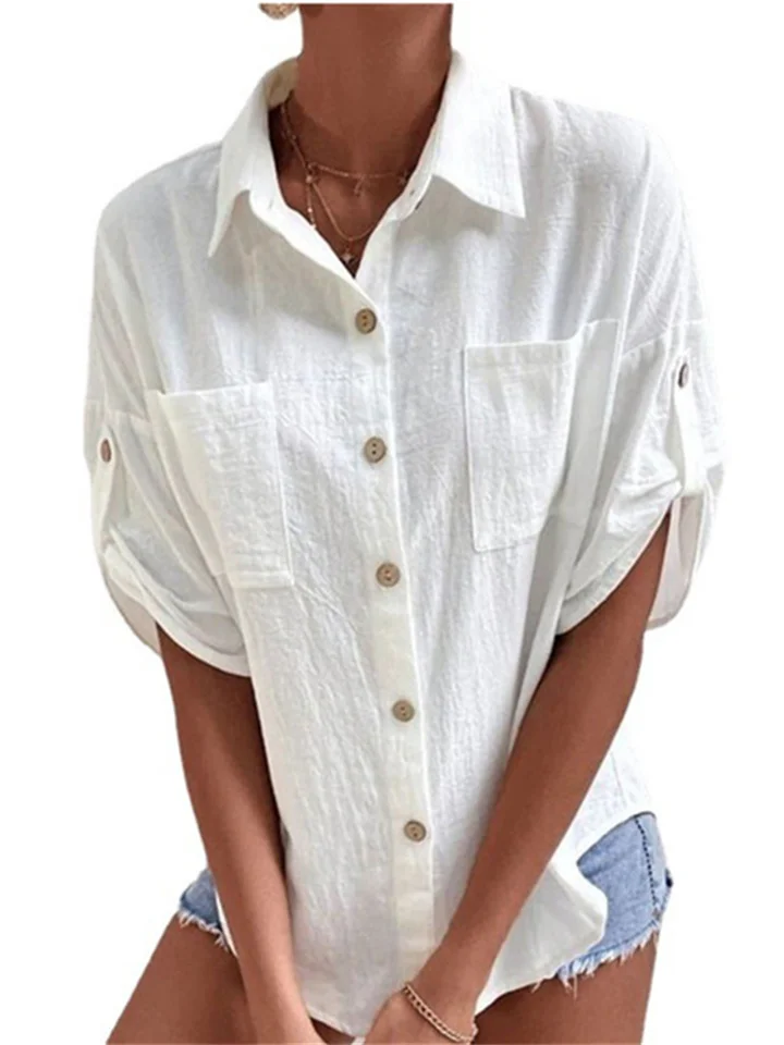 Women's Summer New Medium-sleeved Solid Color Pocket Lapel Single-breasted Loose Type Medium-length Cotton Linen Shirt
