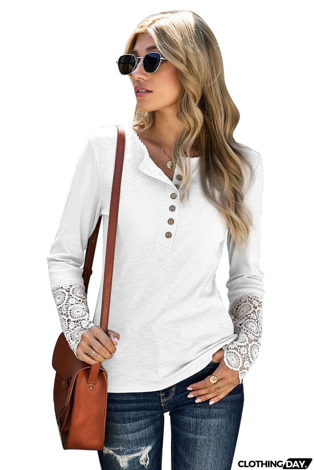 Chic White Crochet Lace Hem Sleeve Button Top