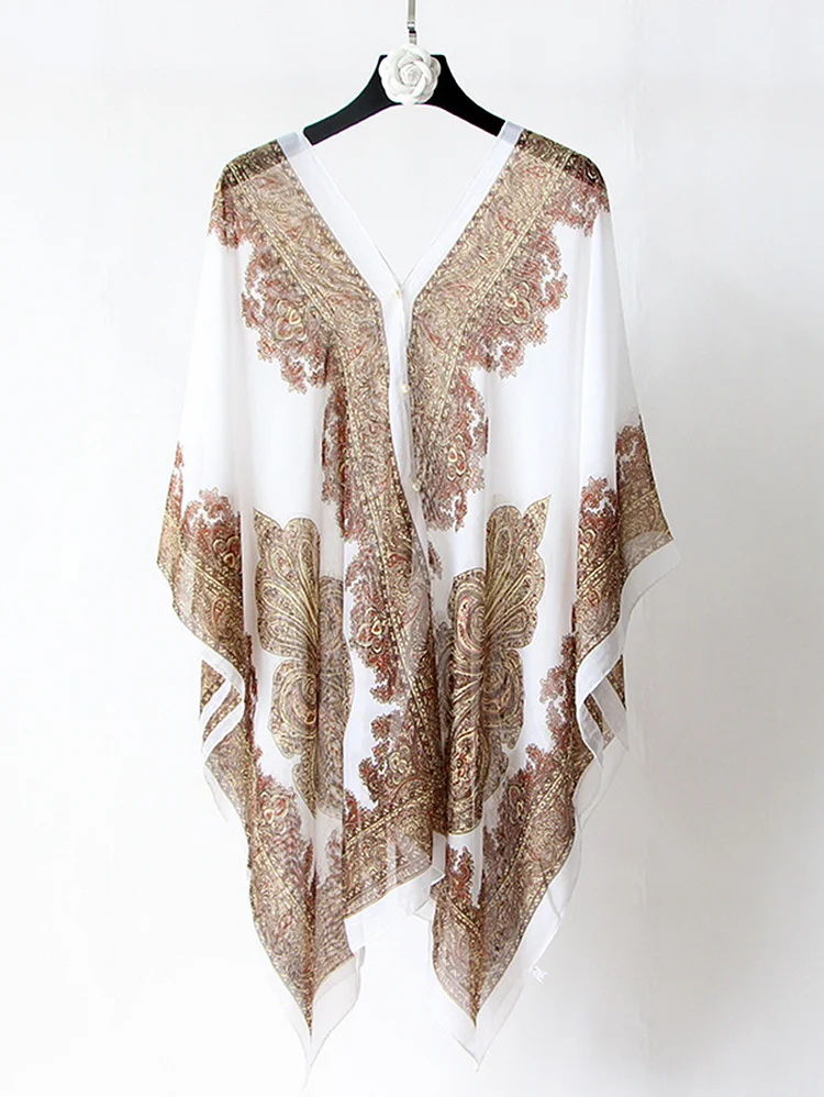 Vintage Poncho Cashew Floral Pearl Cover Up Blouse