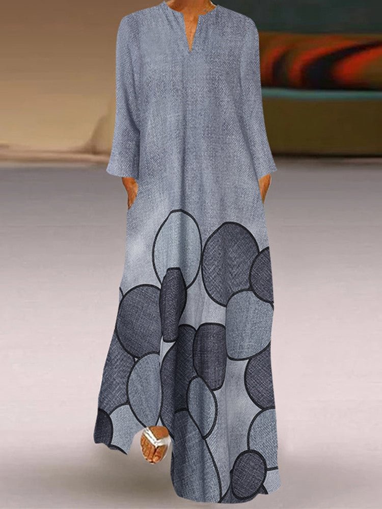 Women's Printed Long Sleeve V-neck Maxi Dress
