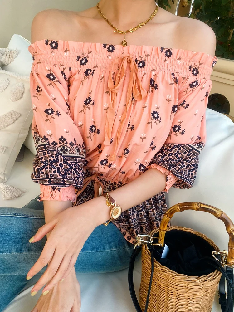 Women's Boho Blouse Top Summer Vacation Style Floral Print Bohemian Off Shoulder Pullover Top