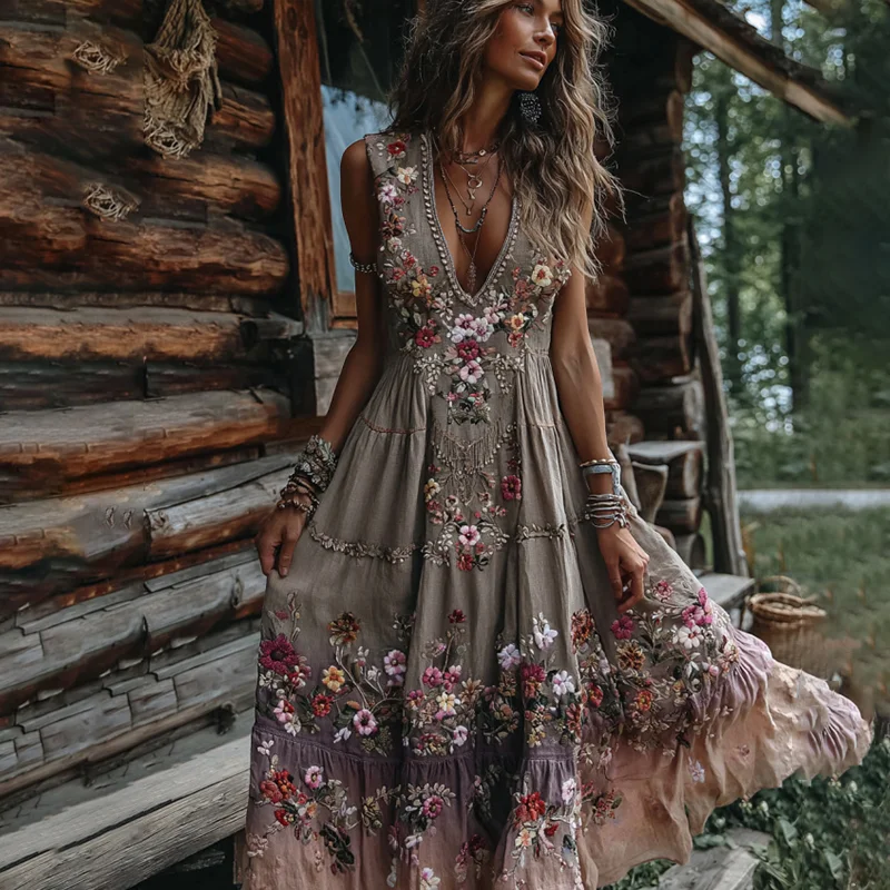 Women's Boho Embroidery Floral Art V Neck Comfy Maxi Dress