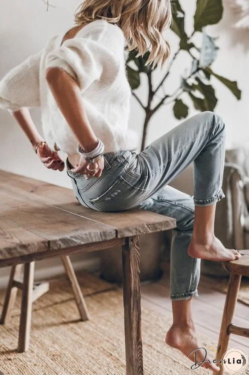 Long Sleeves Twist Back Pure Fuzzy Sweater