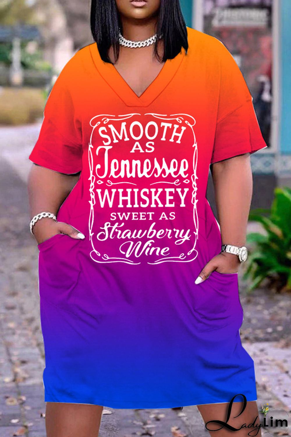 Sky Blue Casual Print Basic V Neck Short Sleeve Dress