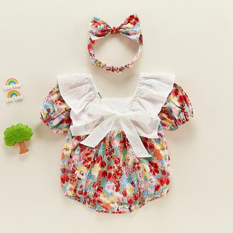 Baby Bowknot Flower Bodysuit with Headband