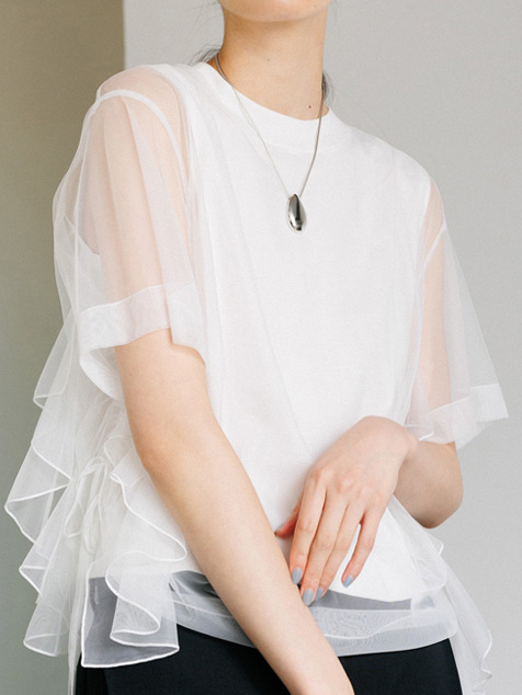 Sheer Ruffled Mesh Round Neck Loose Short Sleeve Blouses
