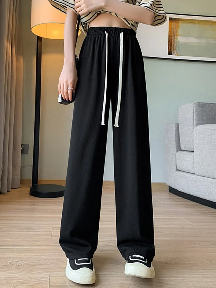 Women Long Pants Spring Summer Elastic Waist Stright Long Wide leg pants 2023 Casual Female Long Knitted Pants Trousers