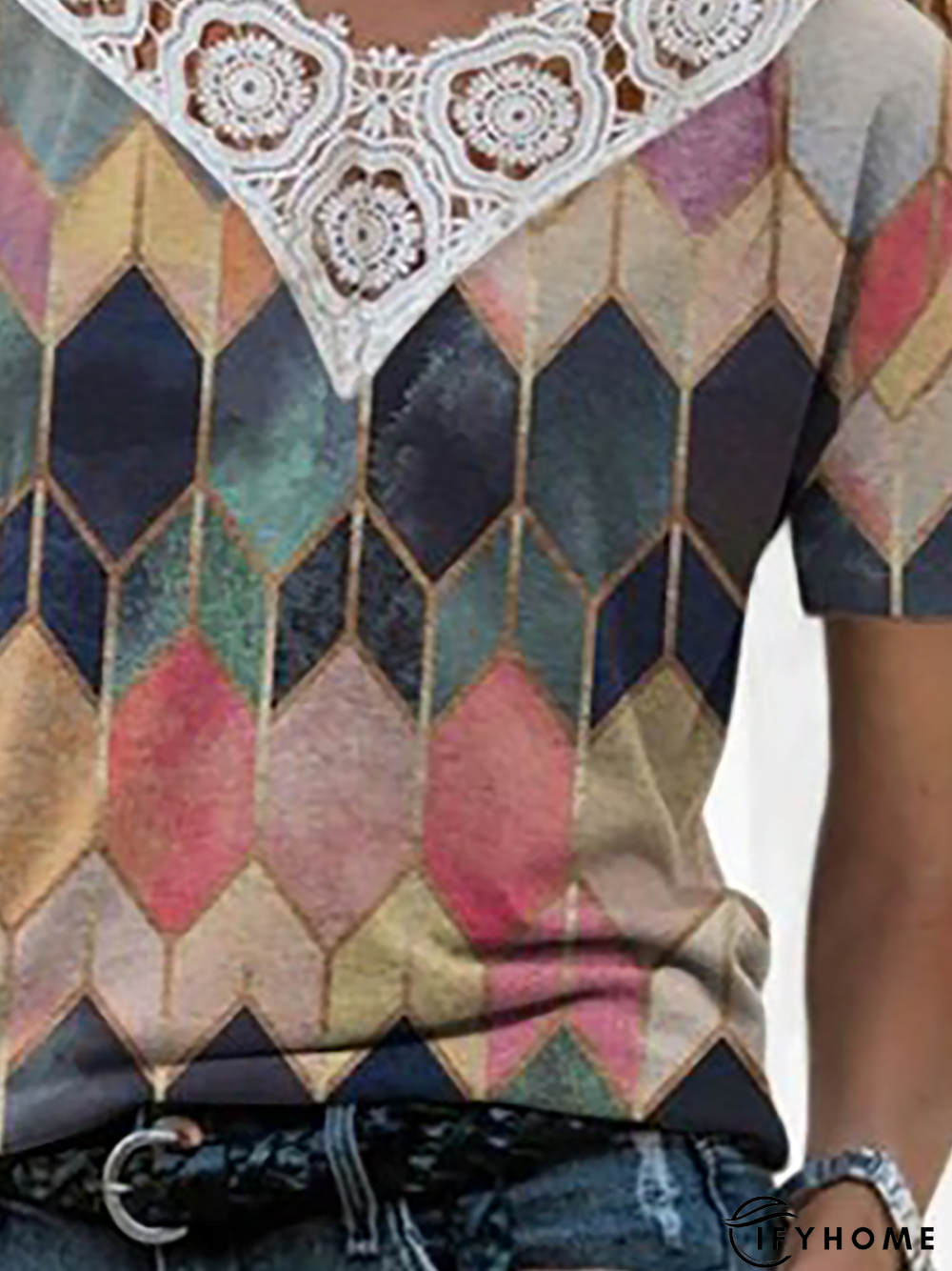 Plus size Geometric Printed Short Sleeve Tops | IFYHOME