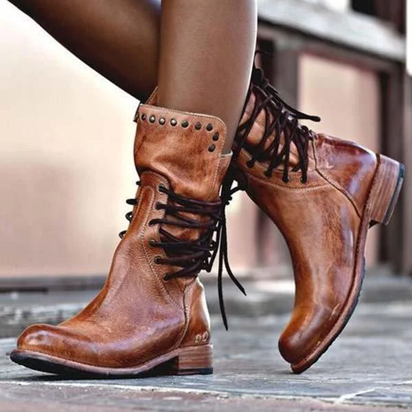 Cool Vintage Back Zipper Lace-Up Mid-calf Boots shopify Stunahome.com