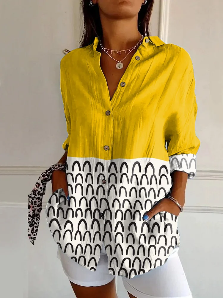 Vintage Yellow Abstract Art Print Casual Long-sleeved Shirt