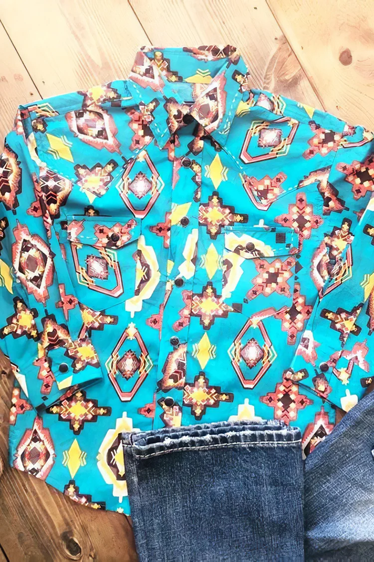 Blue Retro Print Western Print Shirt