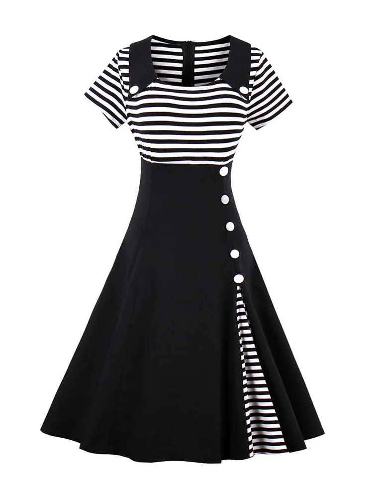 Mayoulove 1940s Dress Patchwork Striped Short Sleeve Midi Dress-Mayoulove
