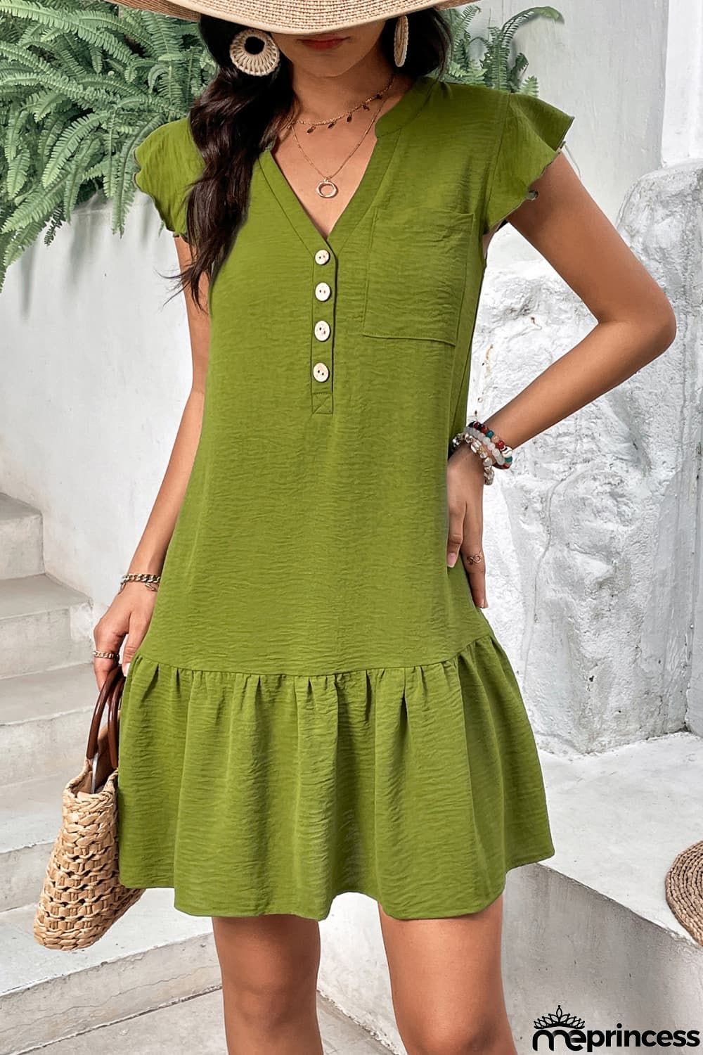Buttoned Notched Neck Flutter Sleeve Dress