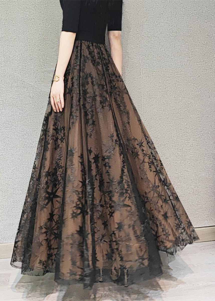 VCSHOES Chocolate Embroideried Floral High Waist Flatering Tulle Maxi Skirt Spring