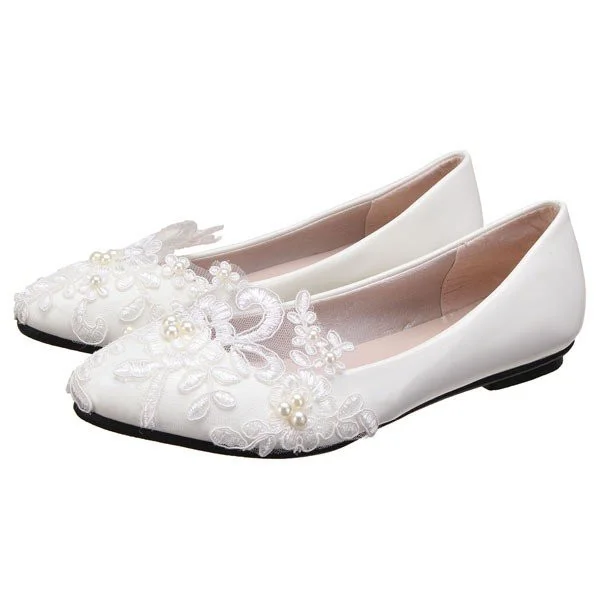 White Wedding Flats Lace Comfortable Shoes for Bridesmaid Vdcoo