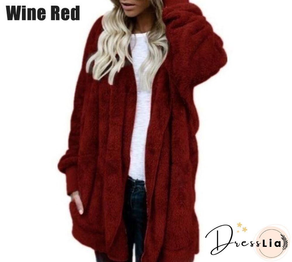 New Women’s Fashion Winter Warm Outwear Solid Color Long Sleeve Sweaters Hoodies Coats Loose Plush Cardigan Coat