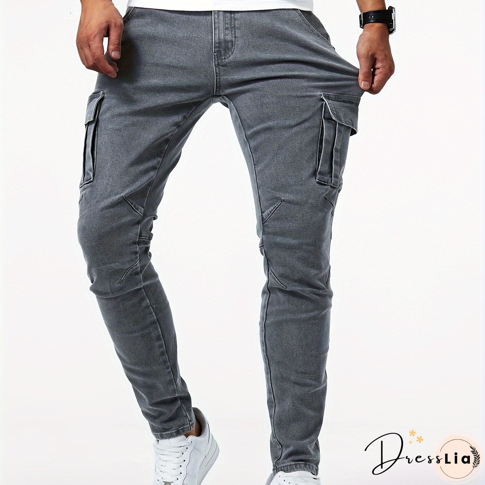 Slim Fit Multi Pocket Jeans, Men's Casual Street Style High Stretch Denim Cargo Pants