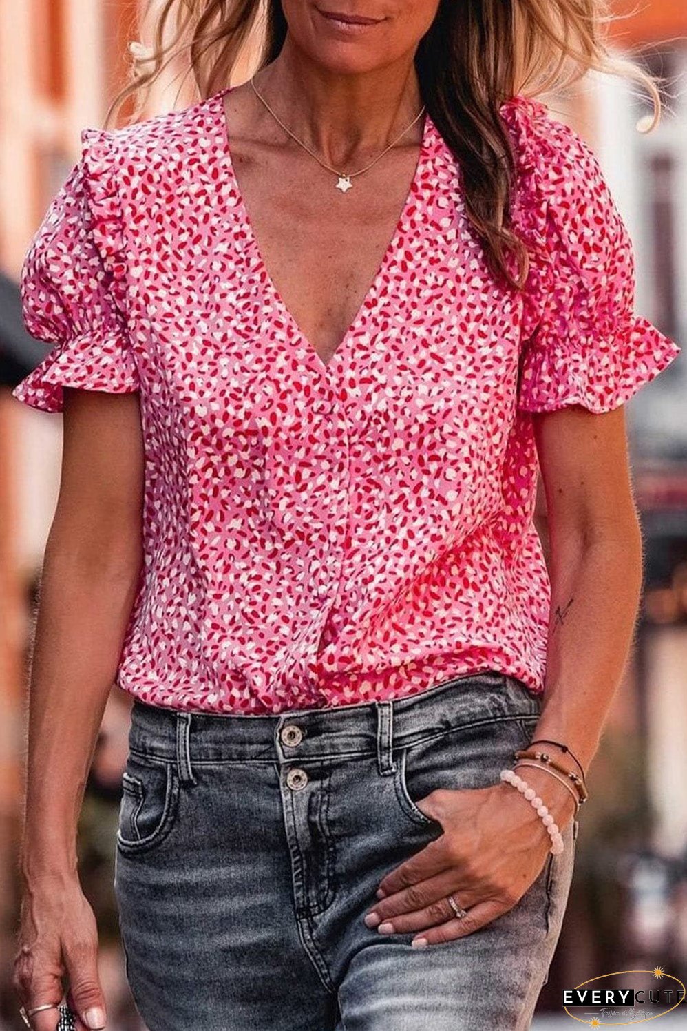 Layered Plaid Short Sleeve V-Neck Lotus Leaf Blouses