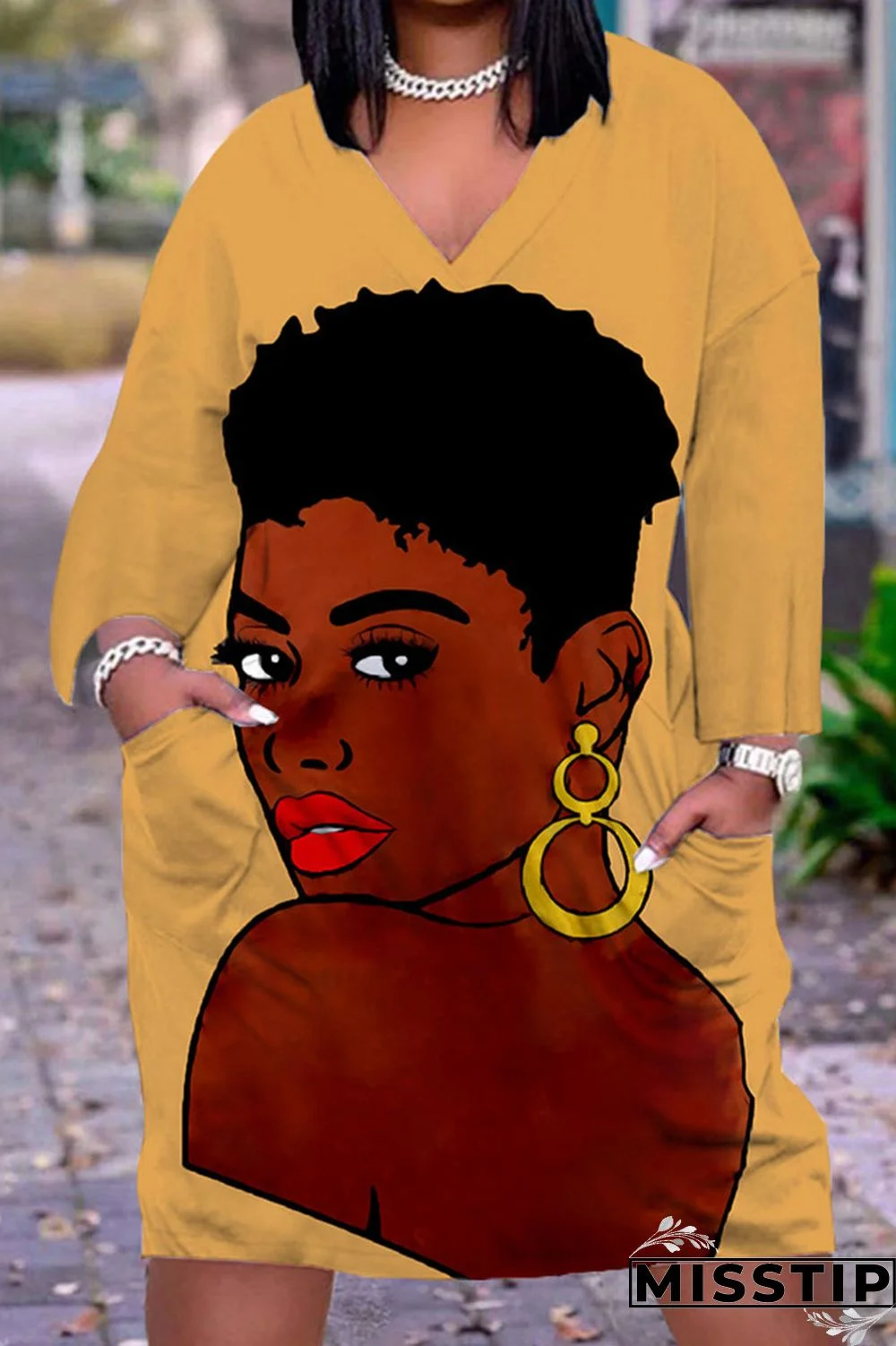 Gray Cyan Casual Print Patchwork V Neck Straight Dresses