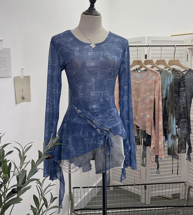 Uveng Irregular Tie With Lotus Leaf Side Tie Print Mesh Yarn Perspective Sunscreen Shirt T-Shirt T-Shirt Short T-Shirt 9928