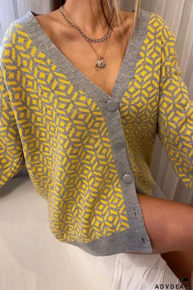 Argyle Color Block Button Cardigan
