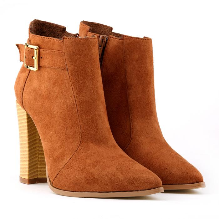 VCSHOES Hasp Candy Color Pointed Toe High Chunky Heels Short Martin Boots