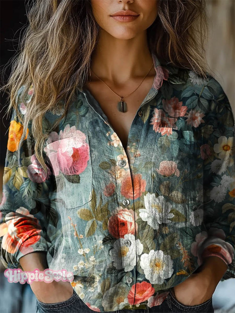Women’s Vintage Lovely Floral Art Print Casual Long Sleeve Comfortable Cotton Shirt Multicolor / S