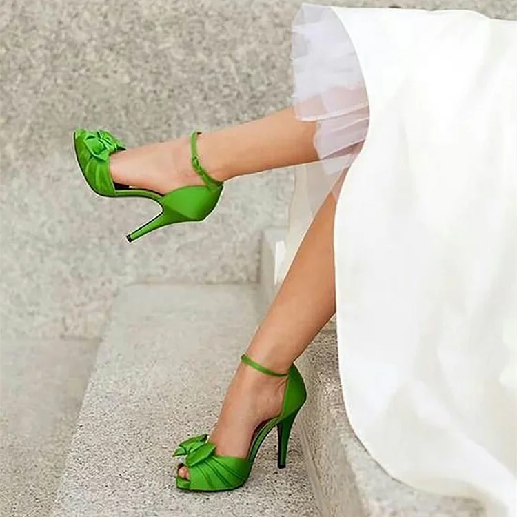 Green Wedding Sandals Peep Toe Ankle Strap Satin Bow Heels |FSJ Shoes
