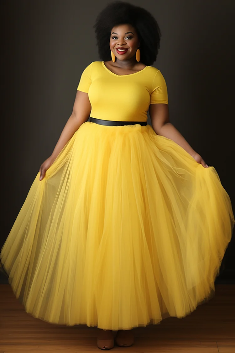 Xpluswear Design Plus Size Party Yellow Round Neck Short Sleeve Contrast Tulle Maxi Dresses [Pre-Order]