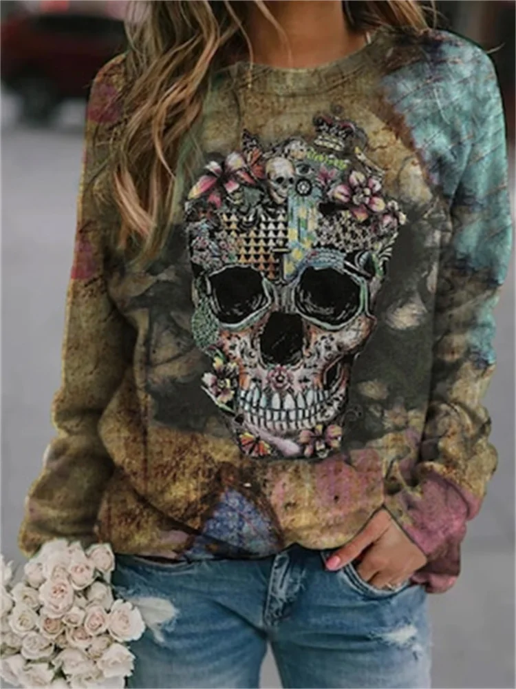 Halloween Skull Print Crew Neck Sweatshirt