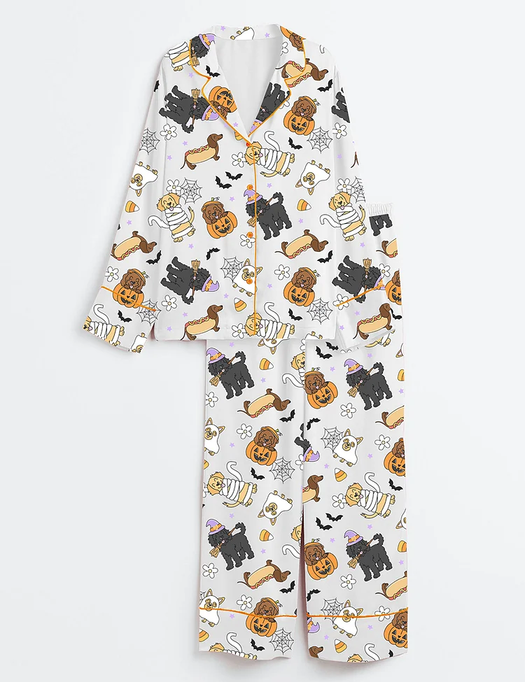 Women&rsquo;s Cute Halloween Dogs Spooky Halloween Pumpkin Just A Spooky Paw Print Long Sleeve Satin Pajama Set
