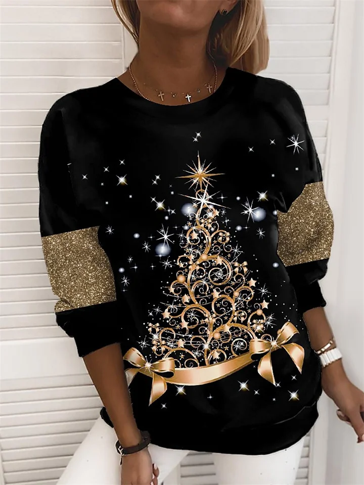 Women‘s Plus Size Christmas Tops Pullover Sweatshirt Polka Dot Tree Print Long Sleeve Crew Neck Casual Holiday Festival Daily Polyester Winter Fall Green Black / Vacation / Weekend-Cosfine