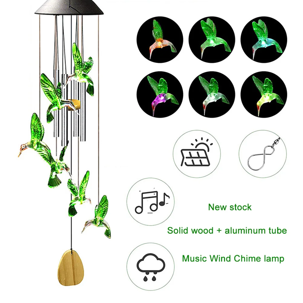 Colorful LED Solar Light Outdoor Wind Chime Hummingbird Pendant Lamps (A)