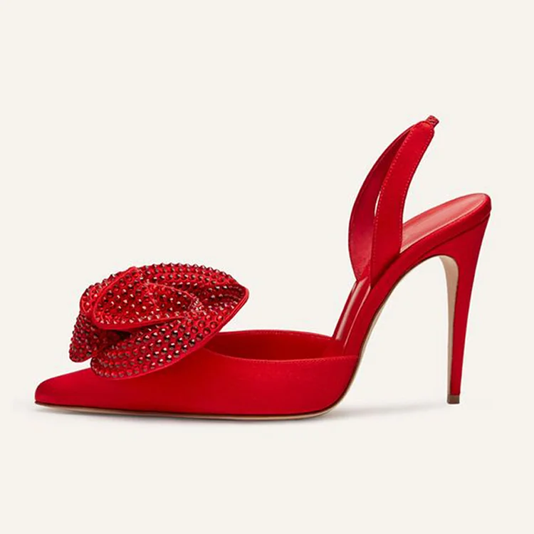Red Pointed Toe Vegan Suede Heels Women's Elegant Rhinestone Floral Pump Stiletto Heel Shoes |FSJ Shoes