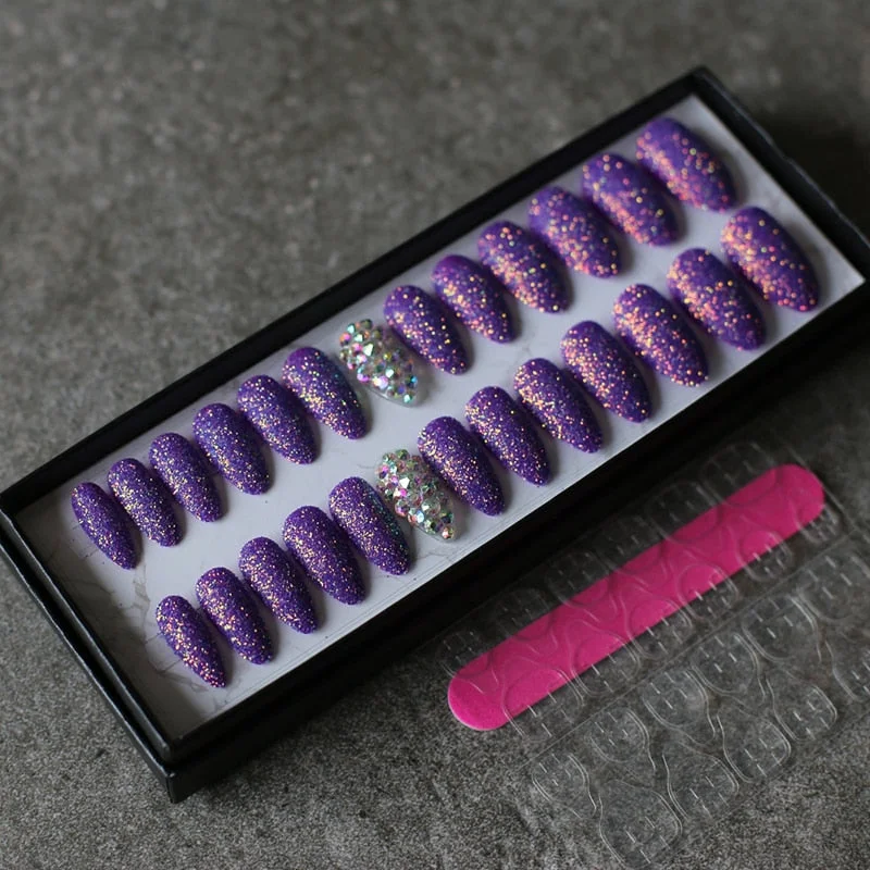 Art design Glitter powder fake nails red pink 26pcs Stiletto Full crystal diamond false nails wedding nails-Nail Inspo