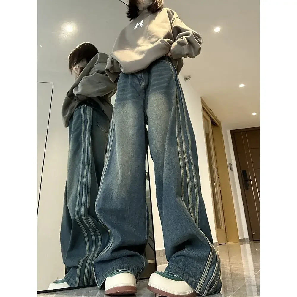 Aiertu Y2K Vintage High Waist Streetwear Style Blue Jeans Pants Korean Fashion Women's Wide Leg Striped Denim Trouser Female Clothes Aiertu