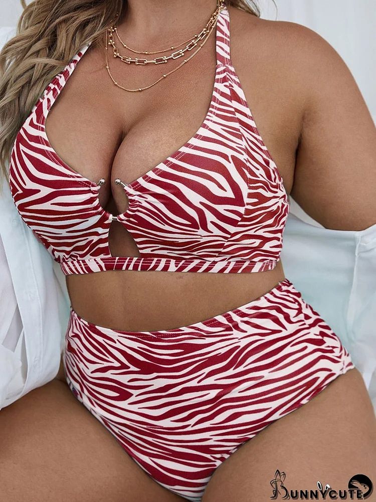 Plus Size Two-Piece Textured Print Push Up Hollow Halter Swimsuit