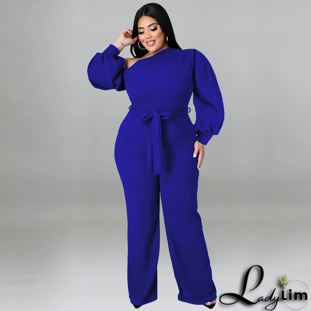 Plus Size Women Solid Balloon Sleeve Slash Shoulder Belted Jumpsuit