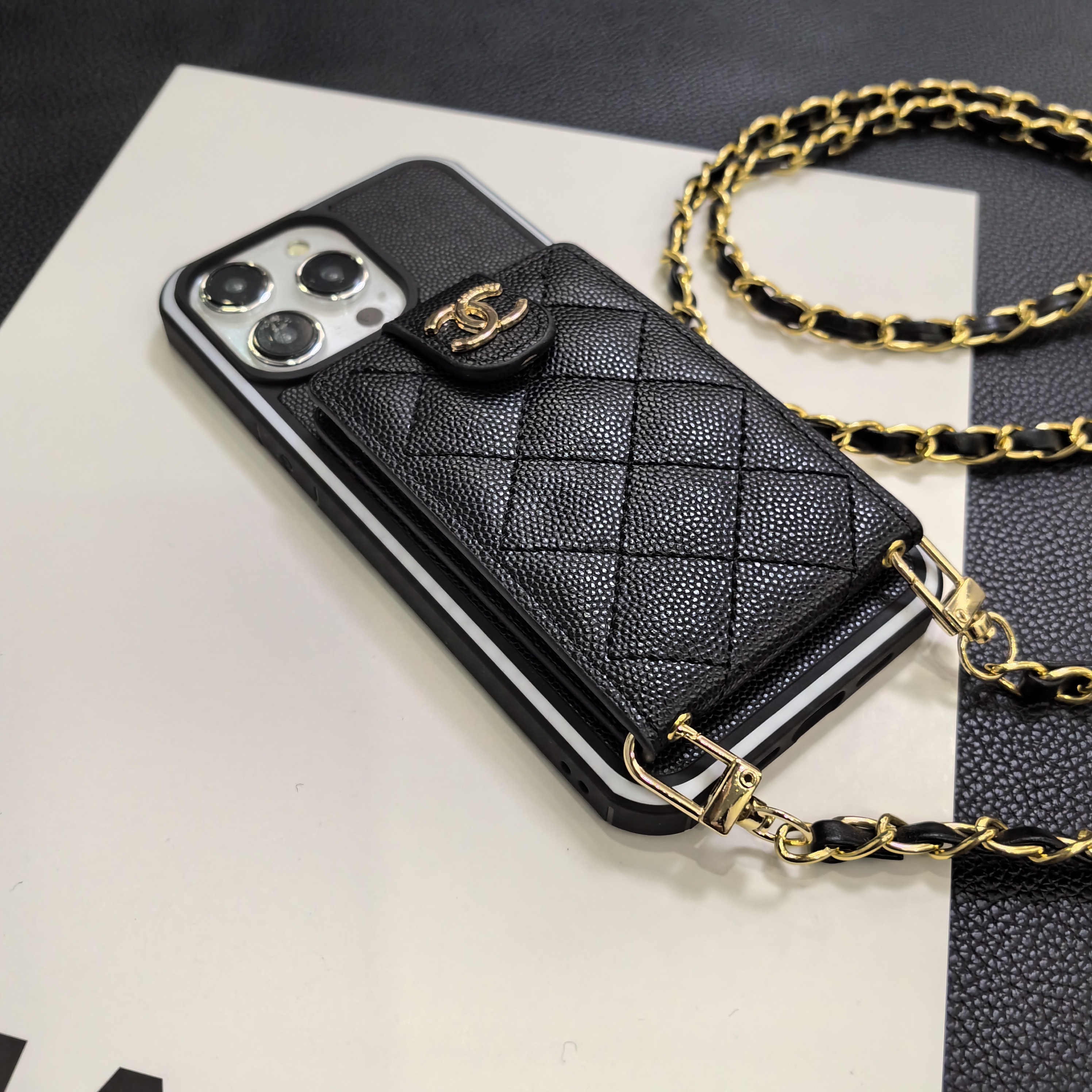 Luxurious Lambskin Chanel Button Card Holder iPhone Case Crossbody