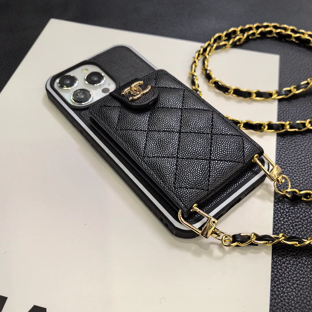 Luxurious Lambskin Chanel Button Card Holder iPhone Case Crossbody