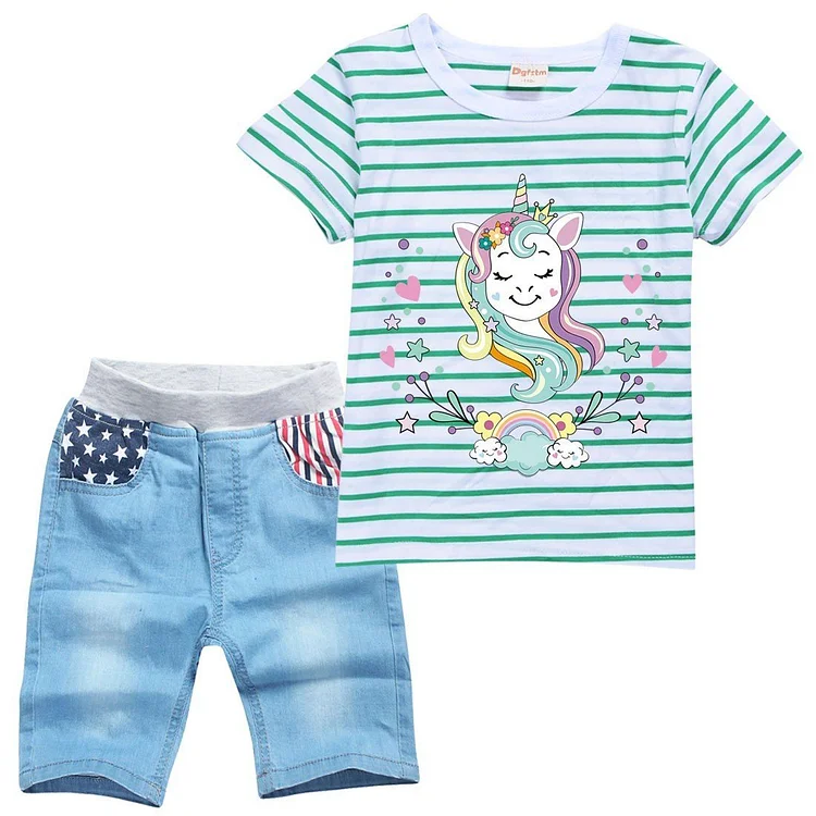 Girls Striped Rainbow Unicorn Print Boys T Shirt Denim Shorts Sets-Mayoulove