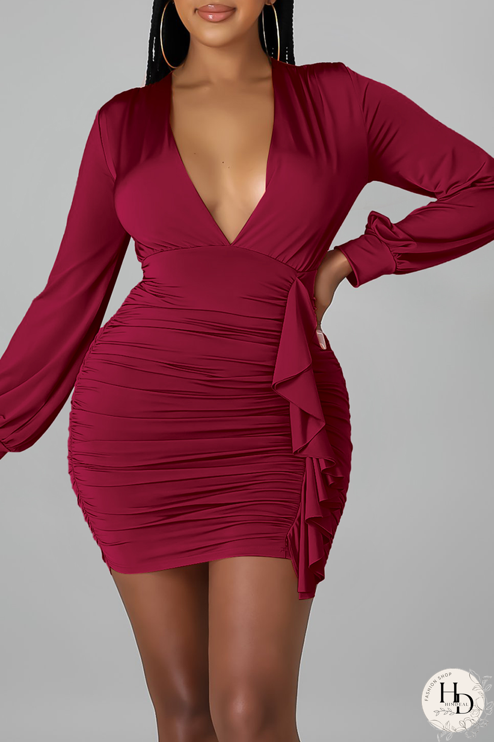 Army Green Sexy Solid Split Joint V Neck Pencil Skirt Dresses