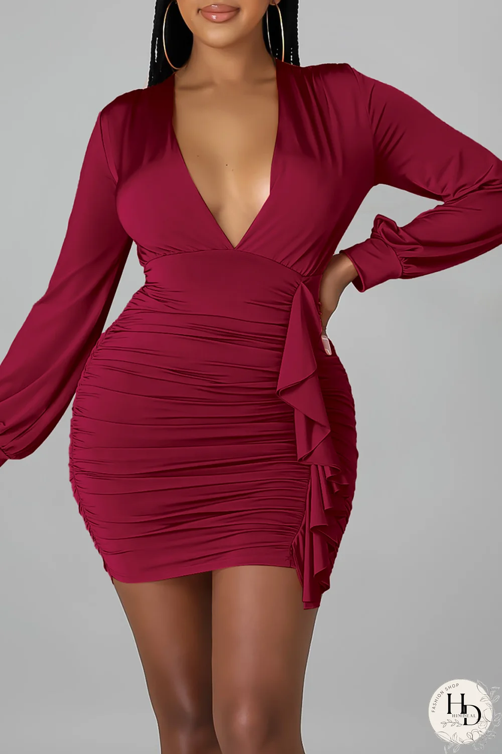 Army Green Sexy Solid Split Joint V Neck Pencil Skirt Dresses