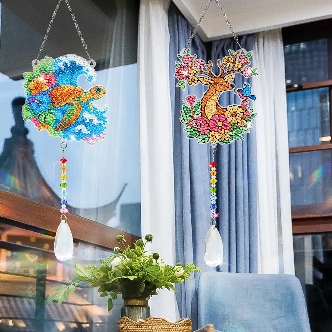 2Pcs Sea Turtles and Elk DIY Double-Sided Diamond Painting Hanging Kits Diamond Painting Suncatcher Craft Kit for Home Garden Wall Decor Gift