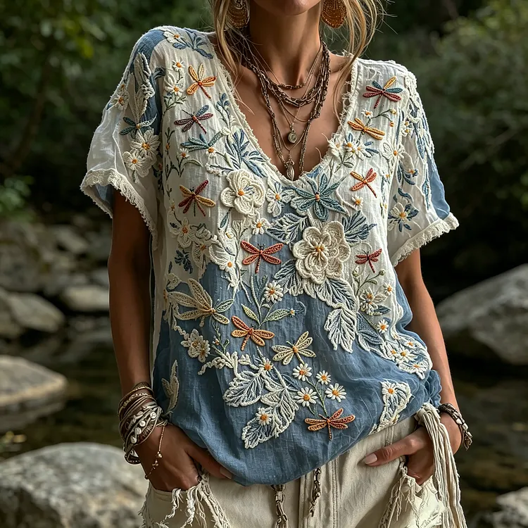 Women's Dragonfly & Floral Embroidered Ombre Boho Blouse