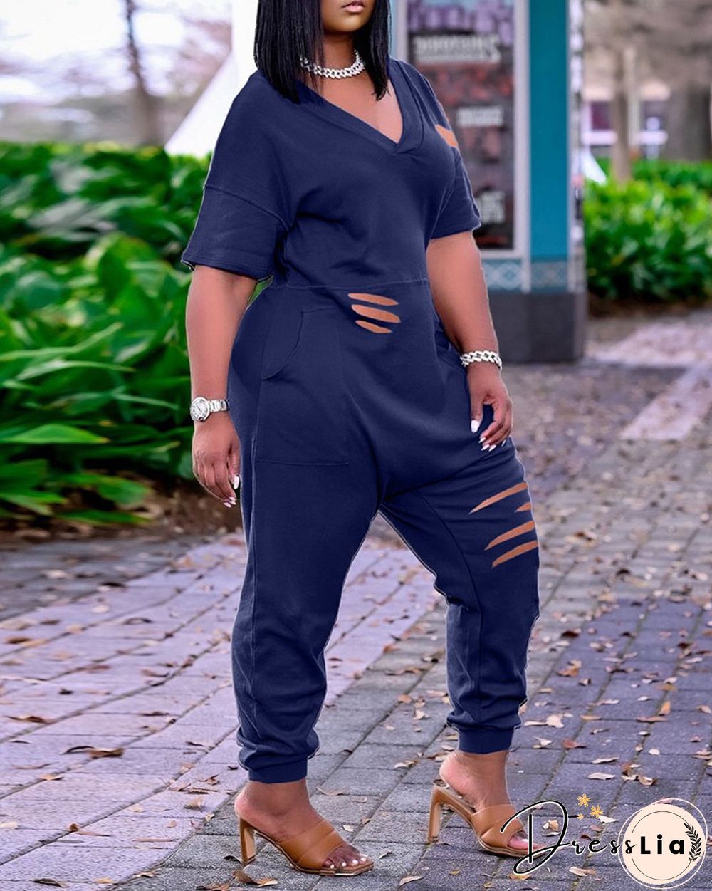 Pocket Design Cutout Short Sleeve Jumpsuit