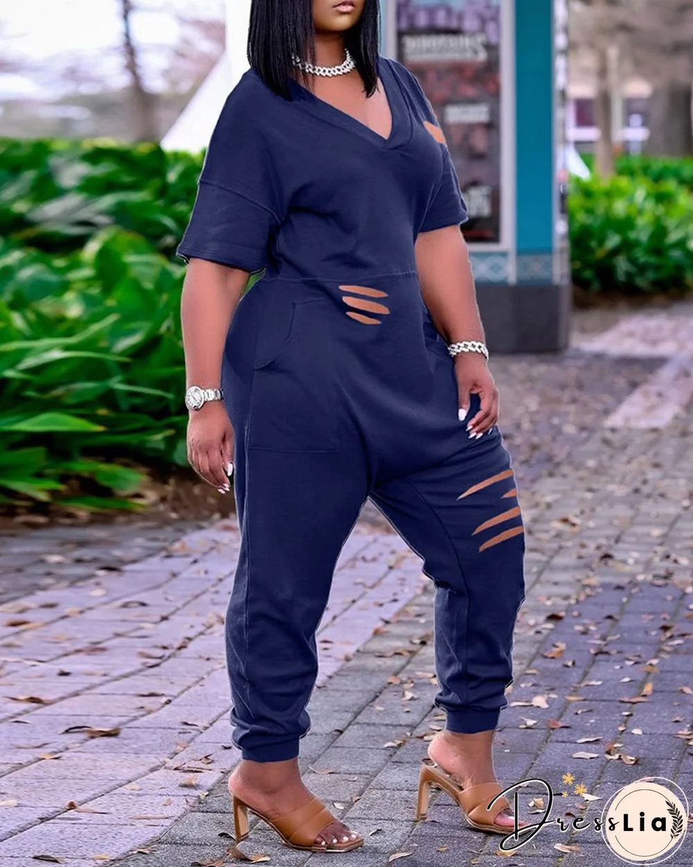 Pocket Design Cutout Short Sleeve Jumpsuit