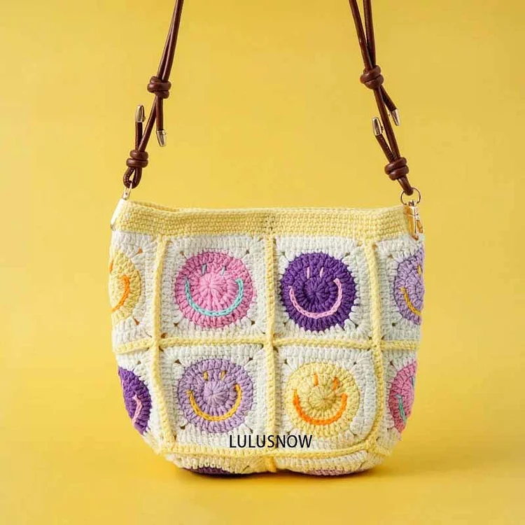 Lulusnow Handmade Yellow Classic Smiley Faces Small Shoulder Bag  Crochet Crossbody Bag