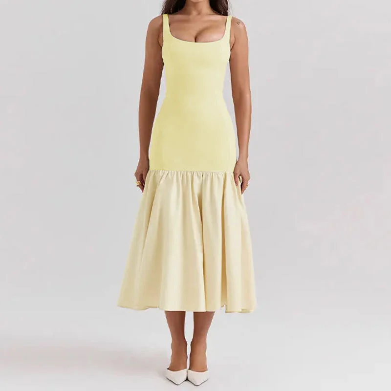 Brownm Brownm Women's New Square Collar Women's Elegant Flounce Solid Color Sexy Sling Autumn And Winter Dress