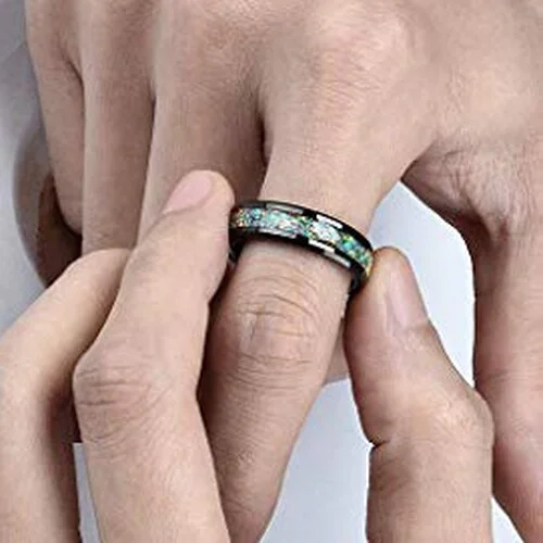6MM 8MM Women's Or Men's Tungsten Carbide Wedding Matching Rings Black and Multiple Color Rainbow Opal Inlay with Organic Tones